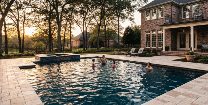 Custom pool with travertine deck and water feature in Roanoke TX backyard