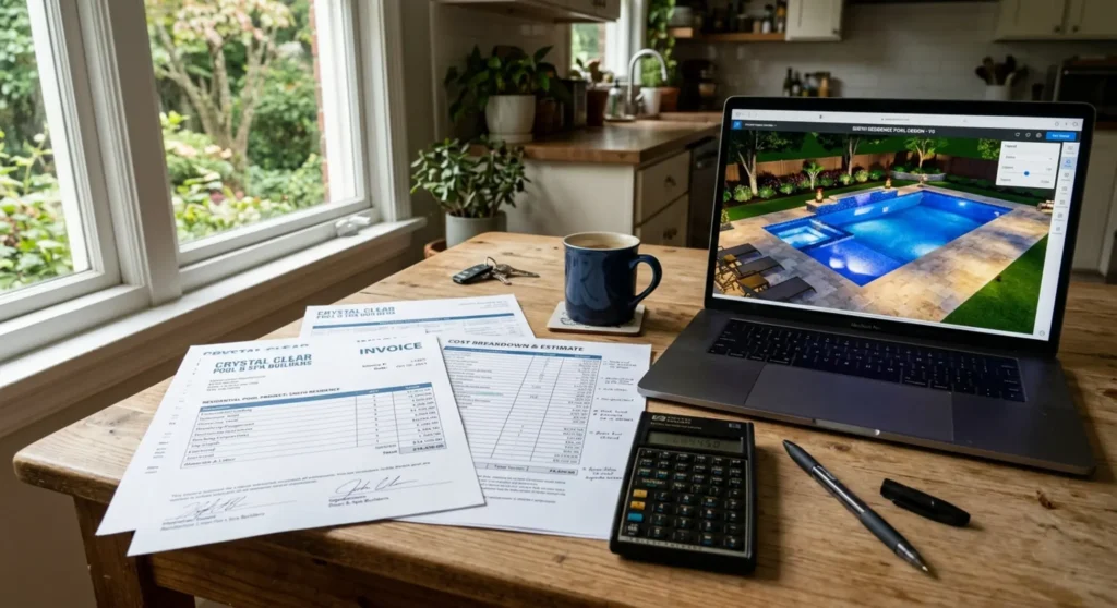 Custom pool cost breakdown documents and pricing quotes on kitchen table