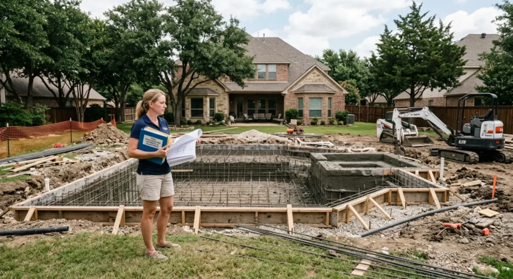 DFW homeowner reviewing pool construction estimates in backyard with unfinished pool frame visible