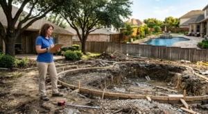 DFW homeowner reviewing custom pool pricing and excavation plans in backyard