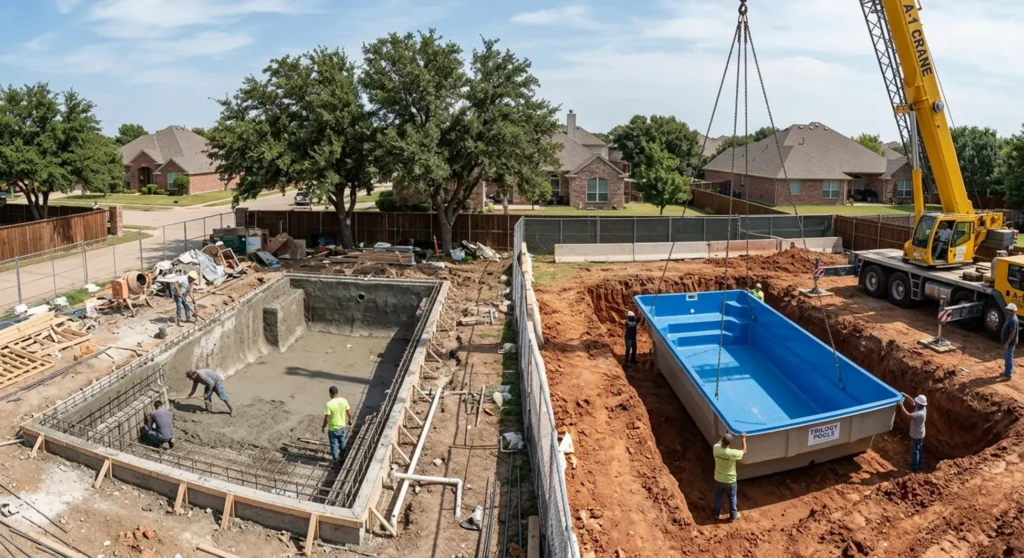 Gunite vs fiberglass pool construction comparison in North Texas clay soil