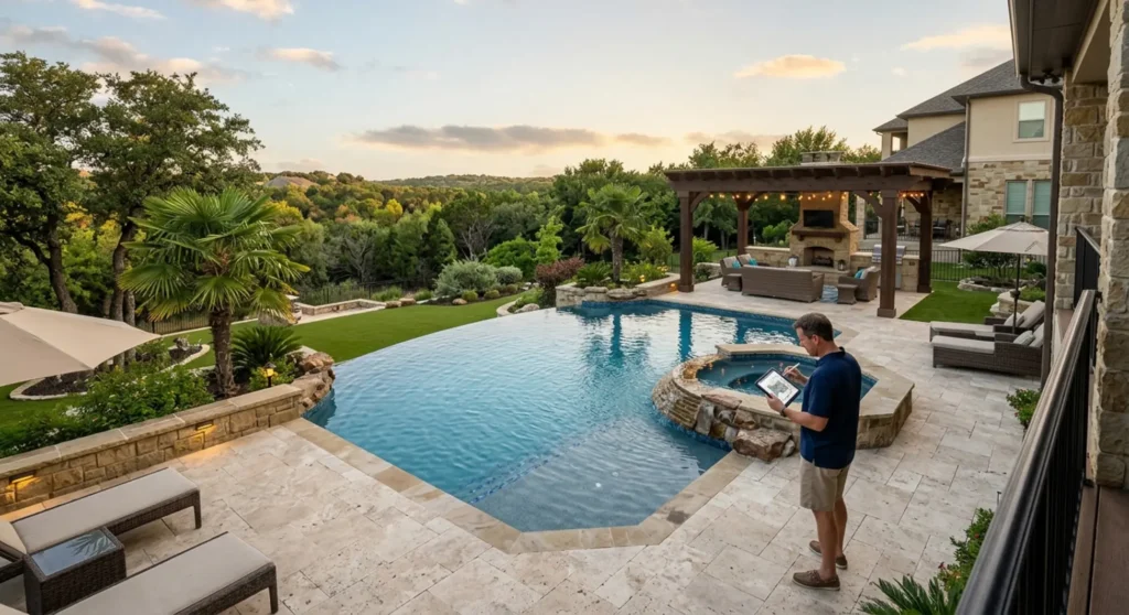 Luxury infinity pool with hardscape and homeowner reviewing design plans