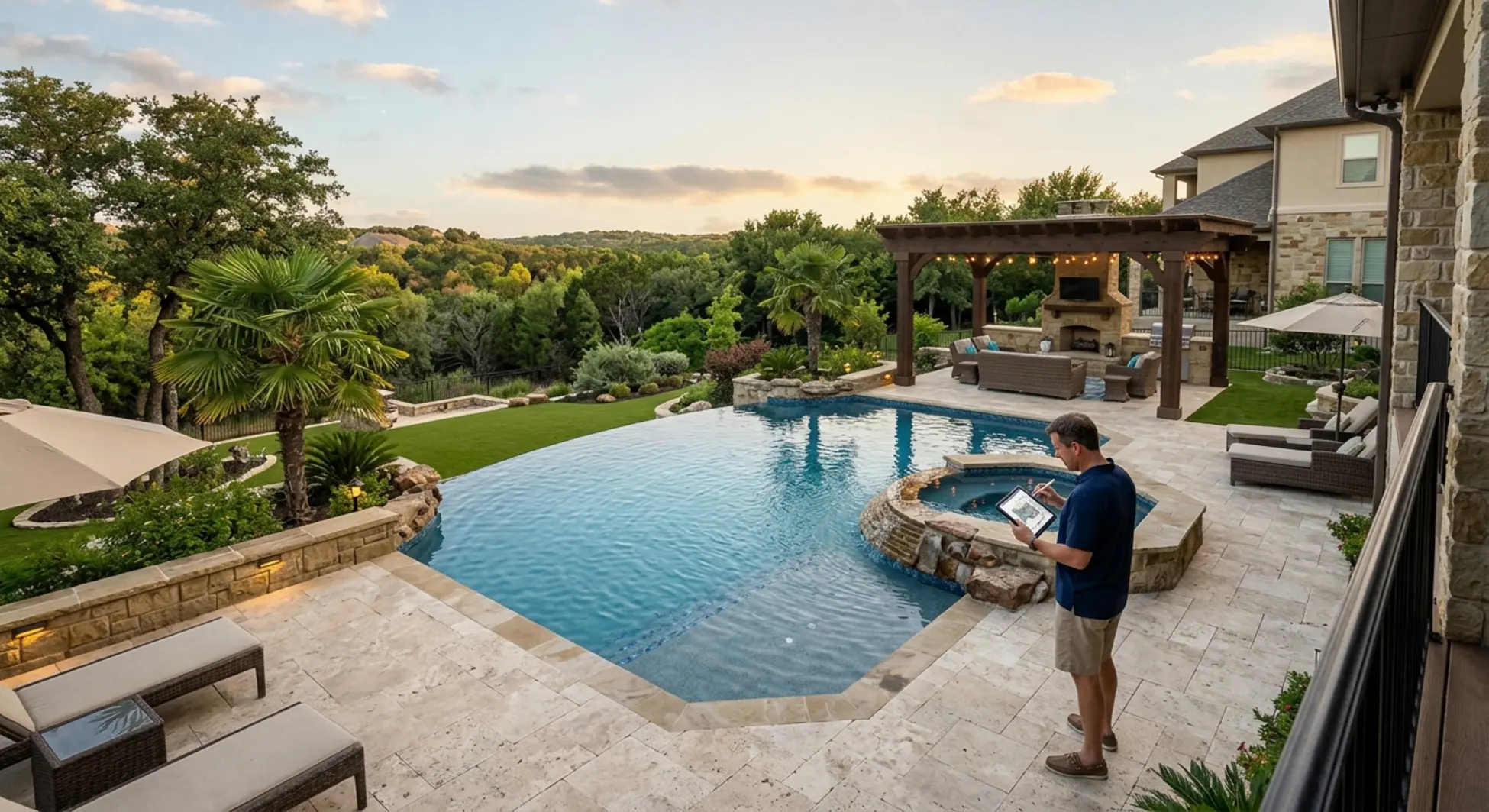 Luxury infinity pool with hardscape and homeowner reviewing design plans