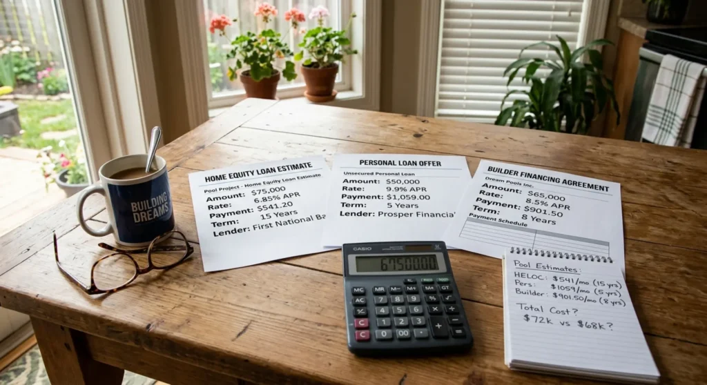 Pool financing documents and loan estimates compared on a kitchen table