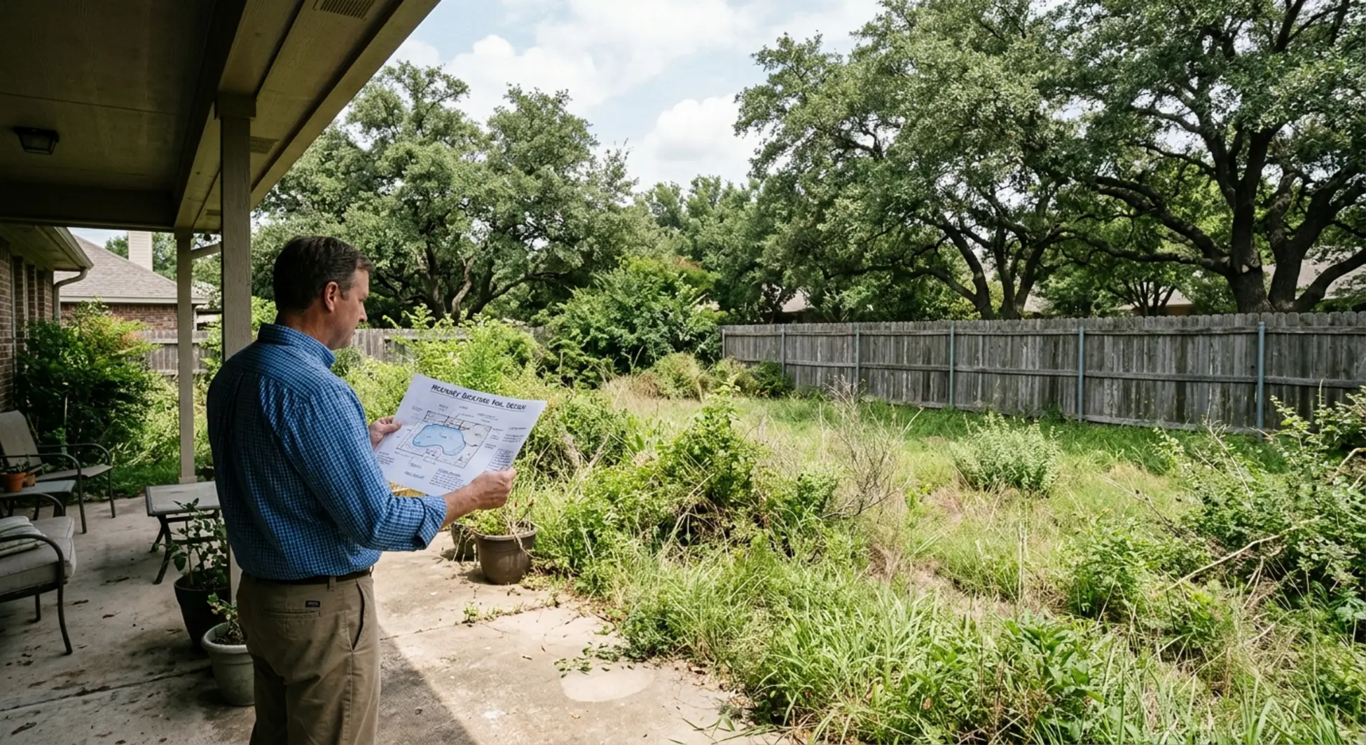 McKinney homeowner reviewing pool design plans for backyard renovation