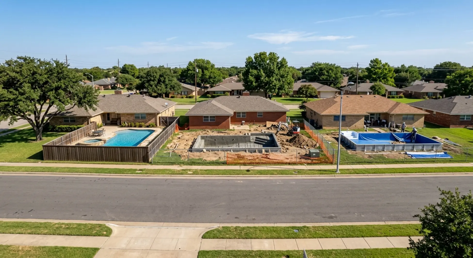 North Texas homes showing different pool construction stages and timelines