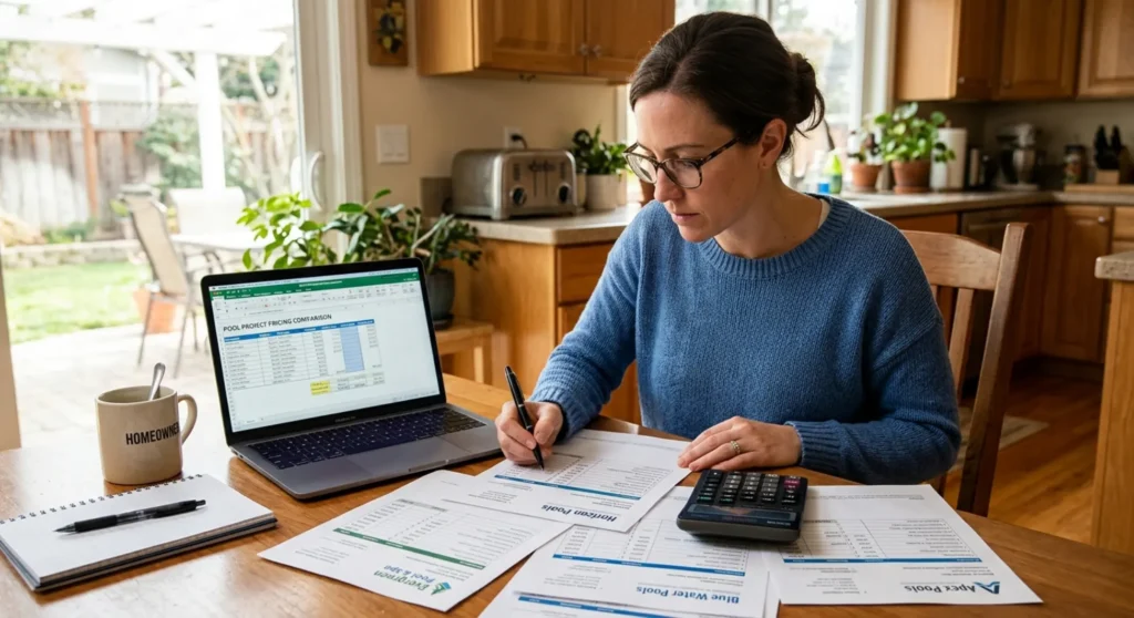Homeowner comparing custom pool builder quotes and costs at table
