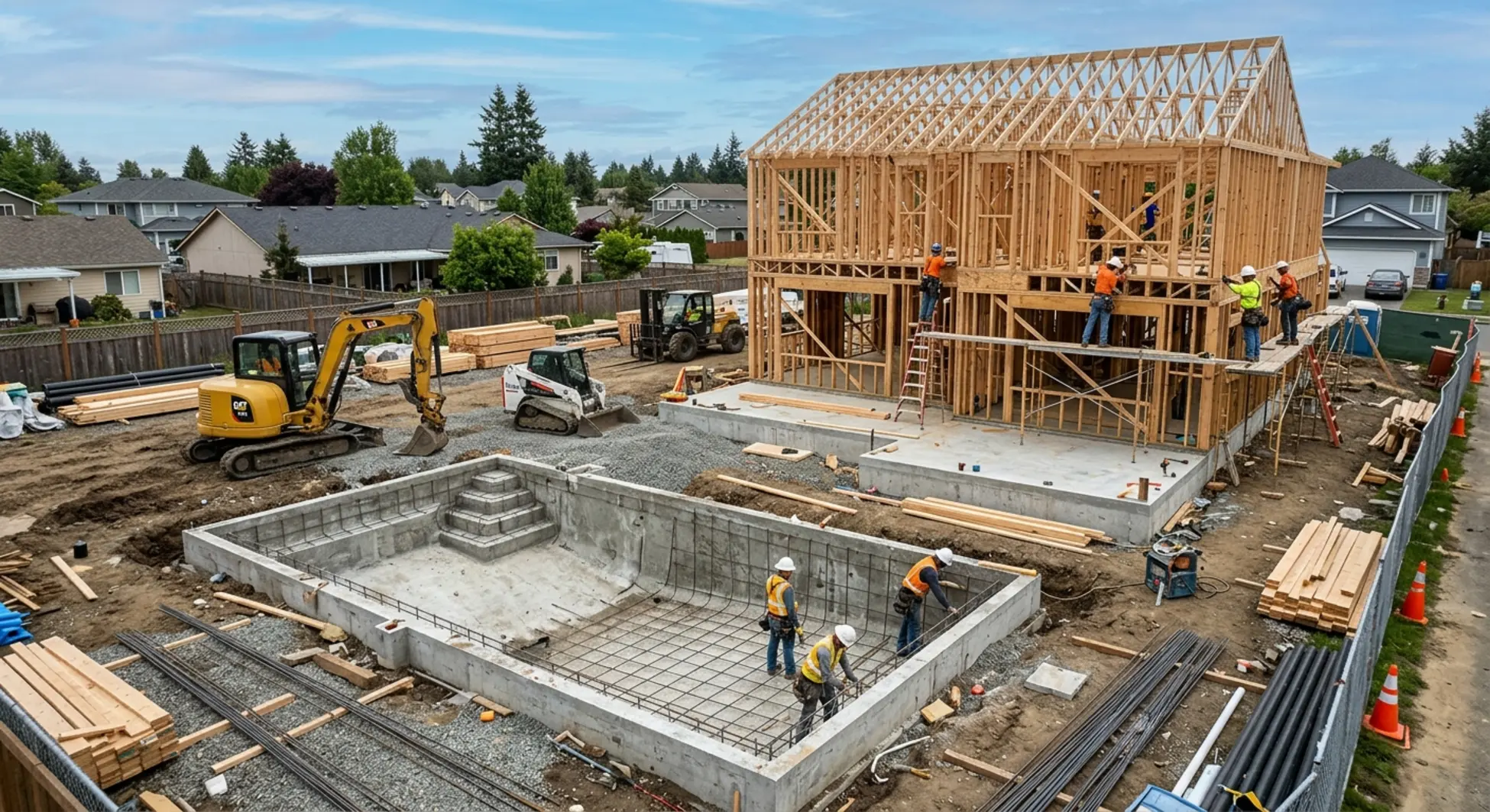 Pool excavation and framing happening simultaneously during new home construction