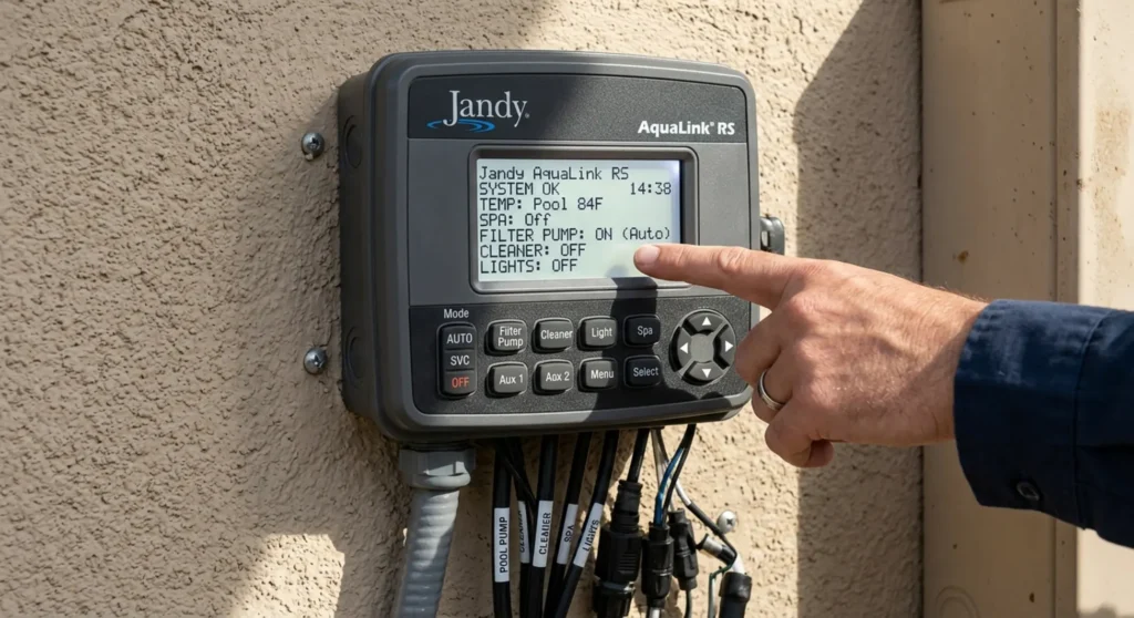 Jandy pool automation control panel features and display screen