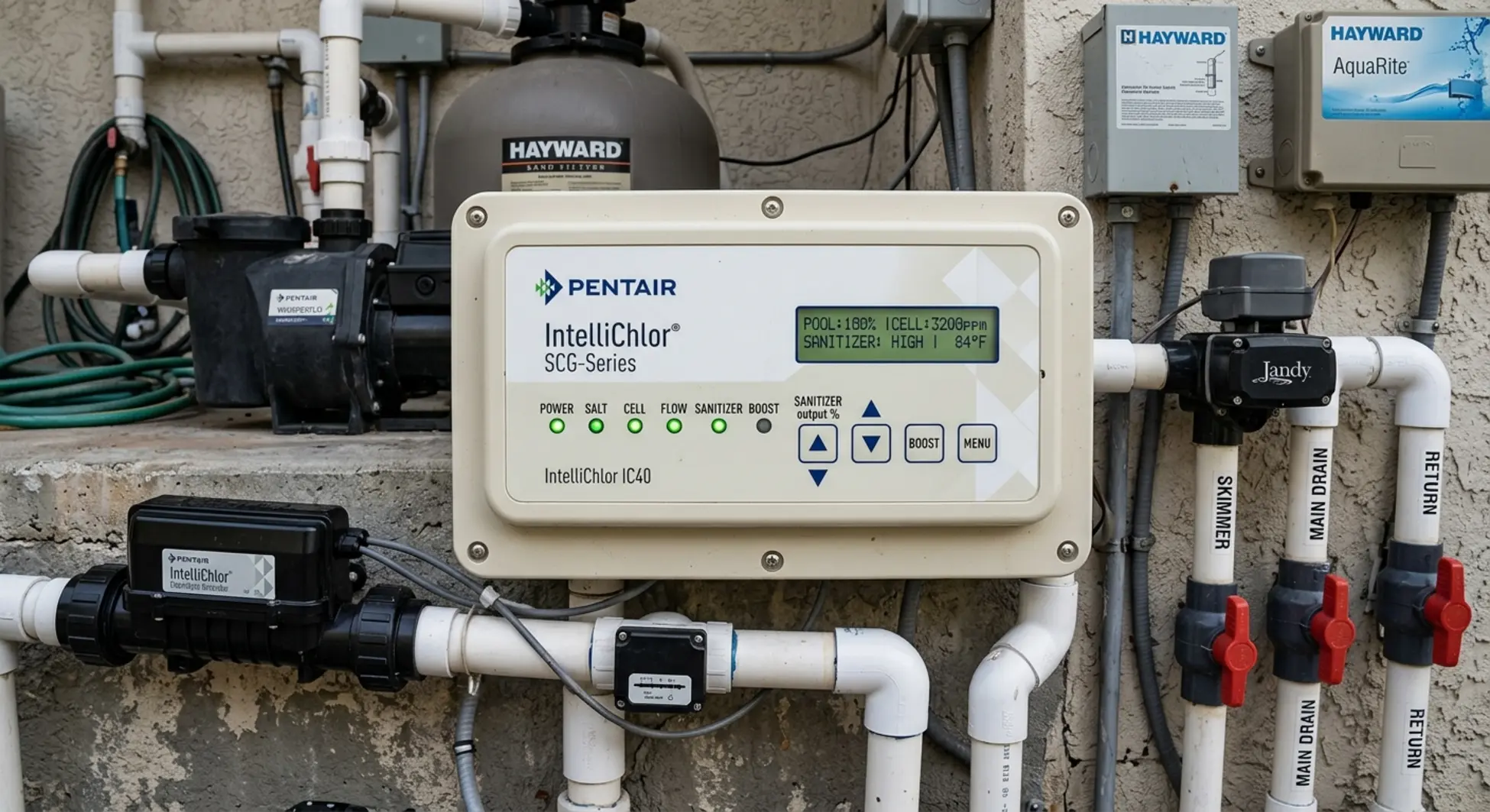Pentair IntelliChlor digital control panel with display screen and indicator lights on pool equipment