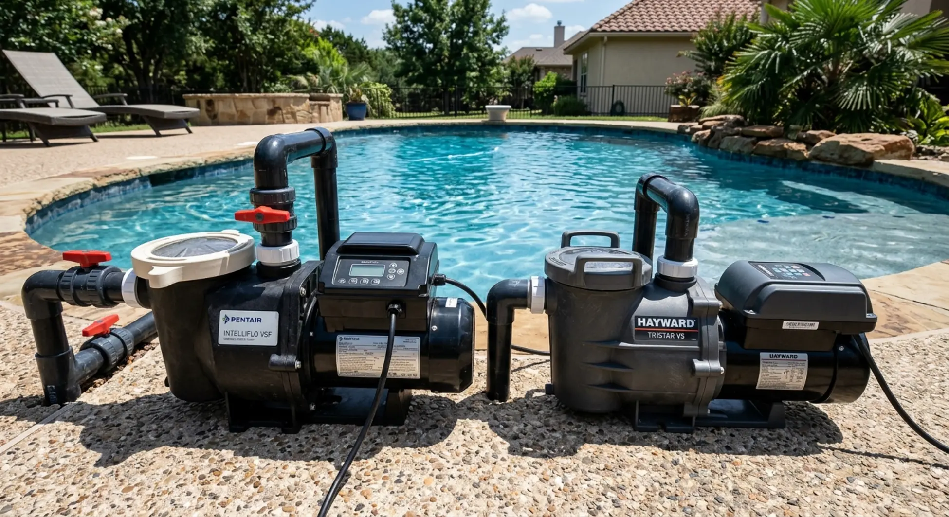 Pentair and Hayward pool pumps displayed side-by-side on a pool deck for equipment performance comparison