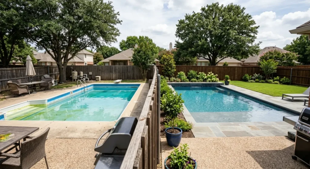 Vinyl liner pool and gunite pool side by side in Texas backyard comparison
