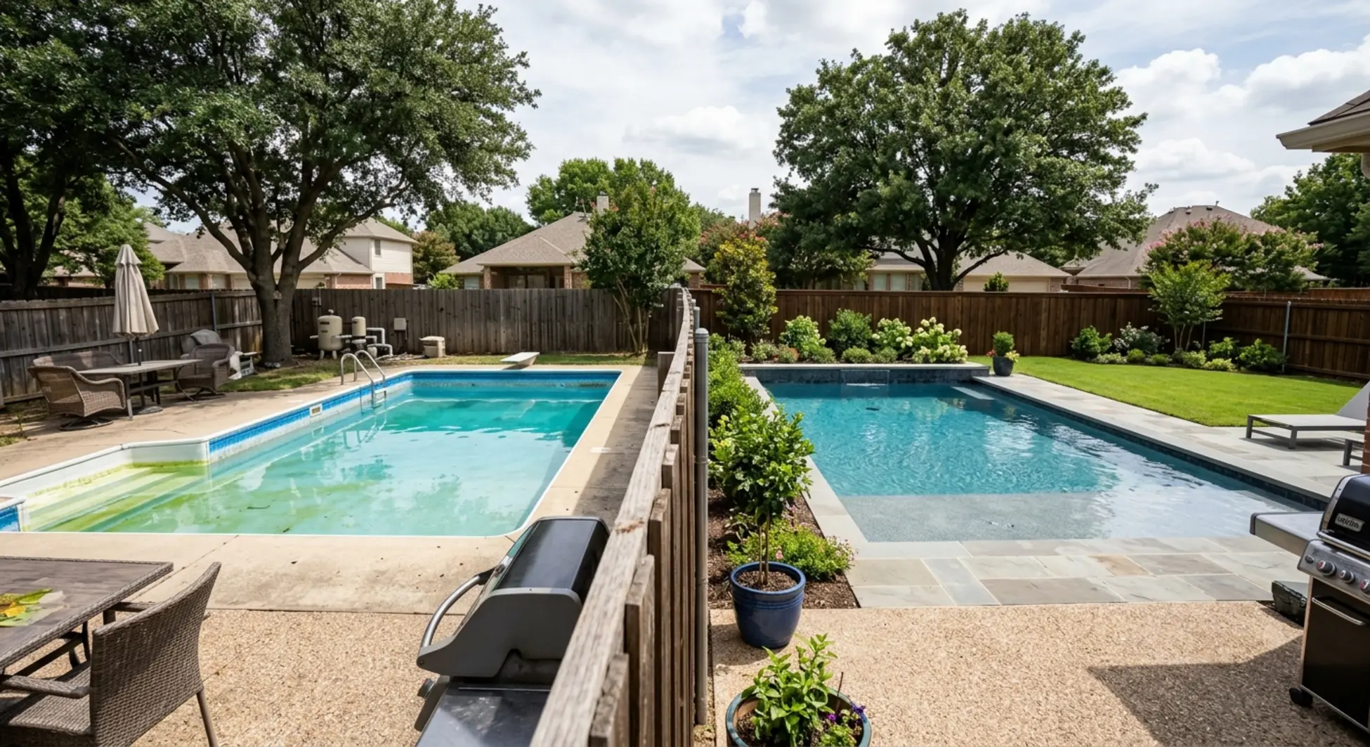 Vinyl liner pool and gunite pool side by side in Texas backyard comparison