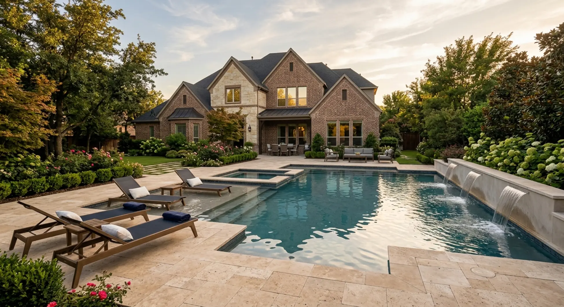Custom backyard pool in Southlake, TX with geometric design, travertine decking, and luxury home