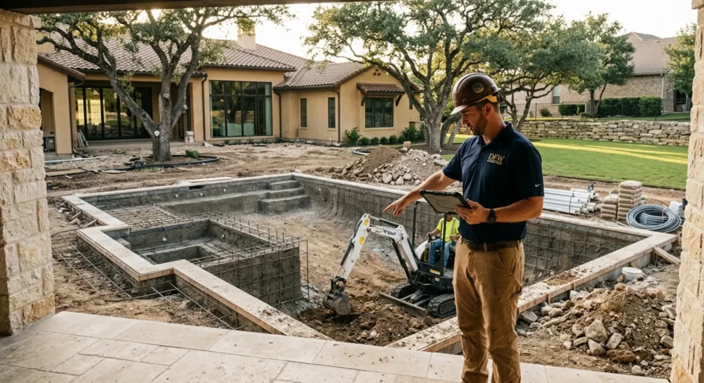 Westlake TX custom pool builder reviewing construction plans at pool site