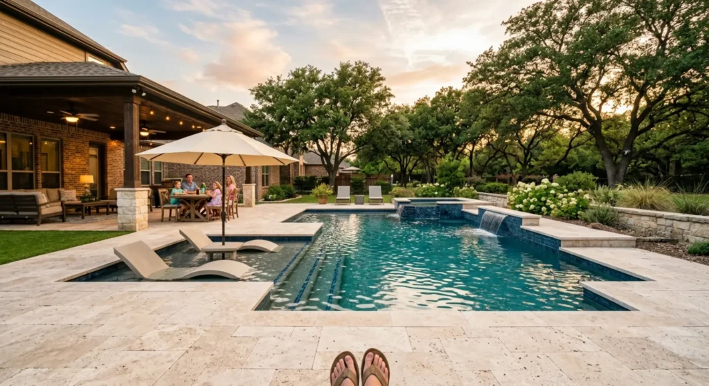 McKinney TX custom pool with travertine deck and family enjoying backyard oasis