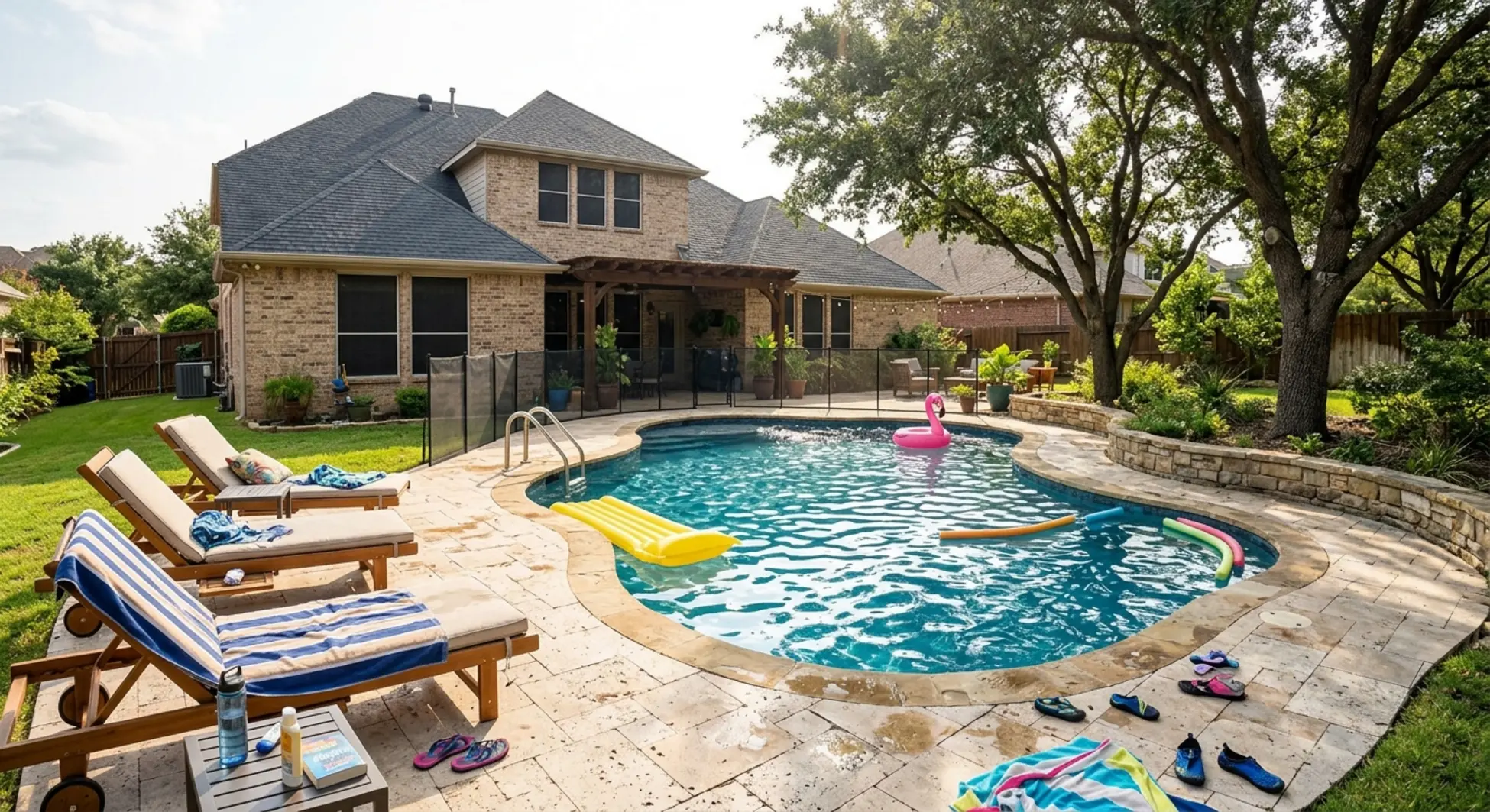 Custom backyard pool in DFW suburban home with deck, lounge chairs, and mature trees