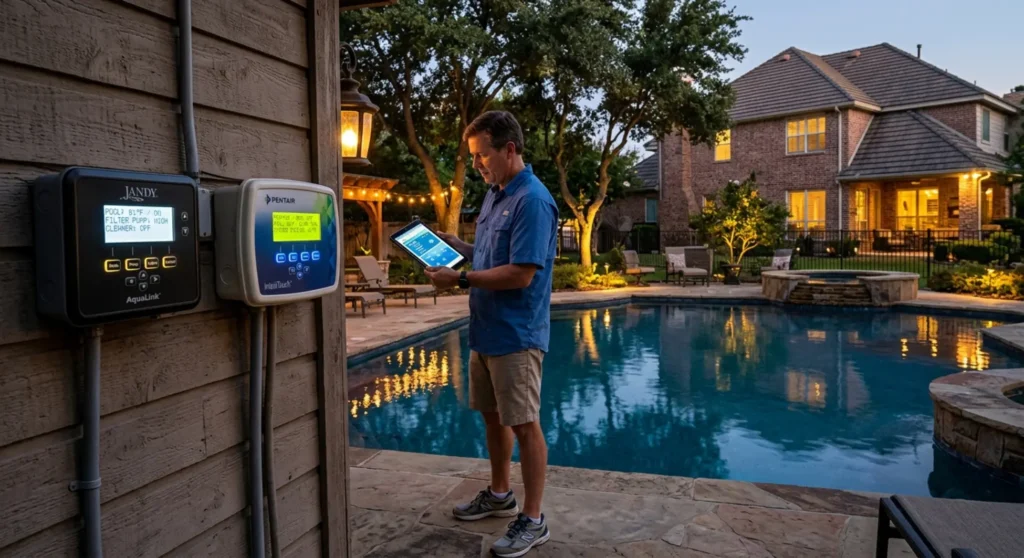 Jandy vs. Pentair pool automation systems displayed on DFW home pool house