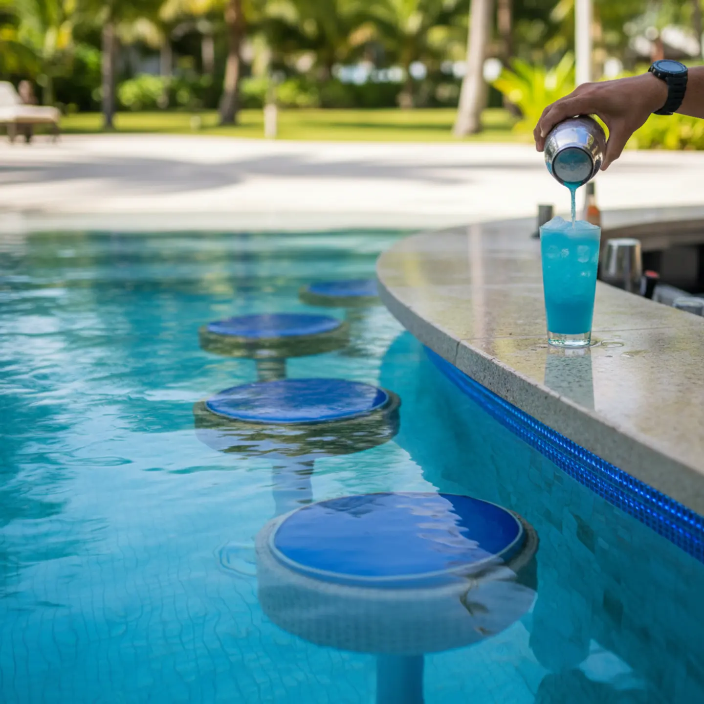 Swim-up bar with submerged seating and underwater lighting in luxury pool