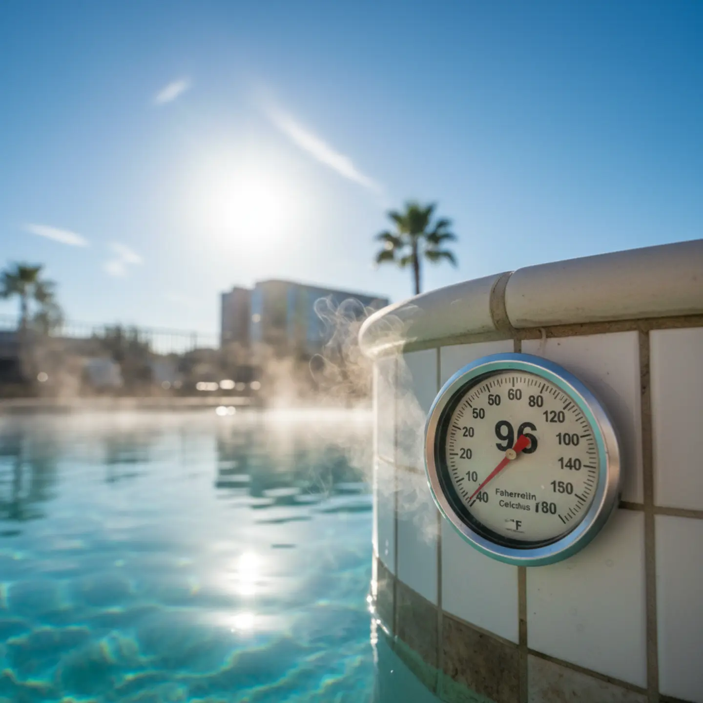 Pool thermometer reading 96 degrees in Texas summer heat