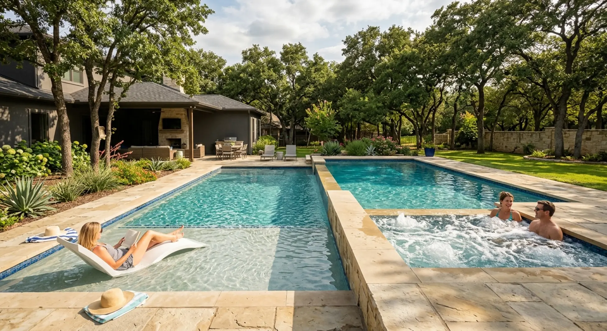 Two custom DFW pools showing tanning ledge vs sun shelf design differences side by side