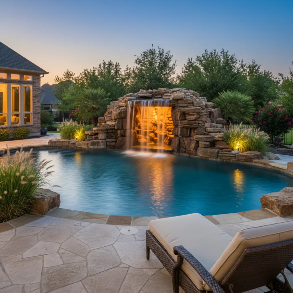 Luxury backyard pool with illuminated rock grotto waterfall feature in Texas home