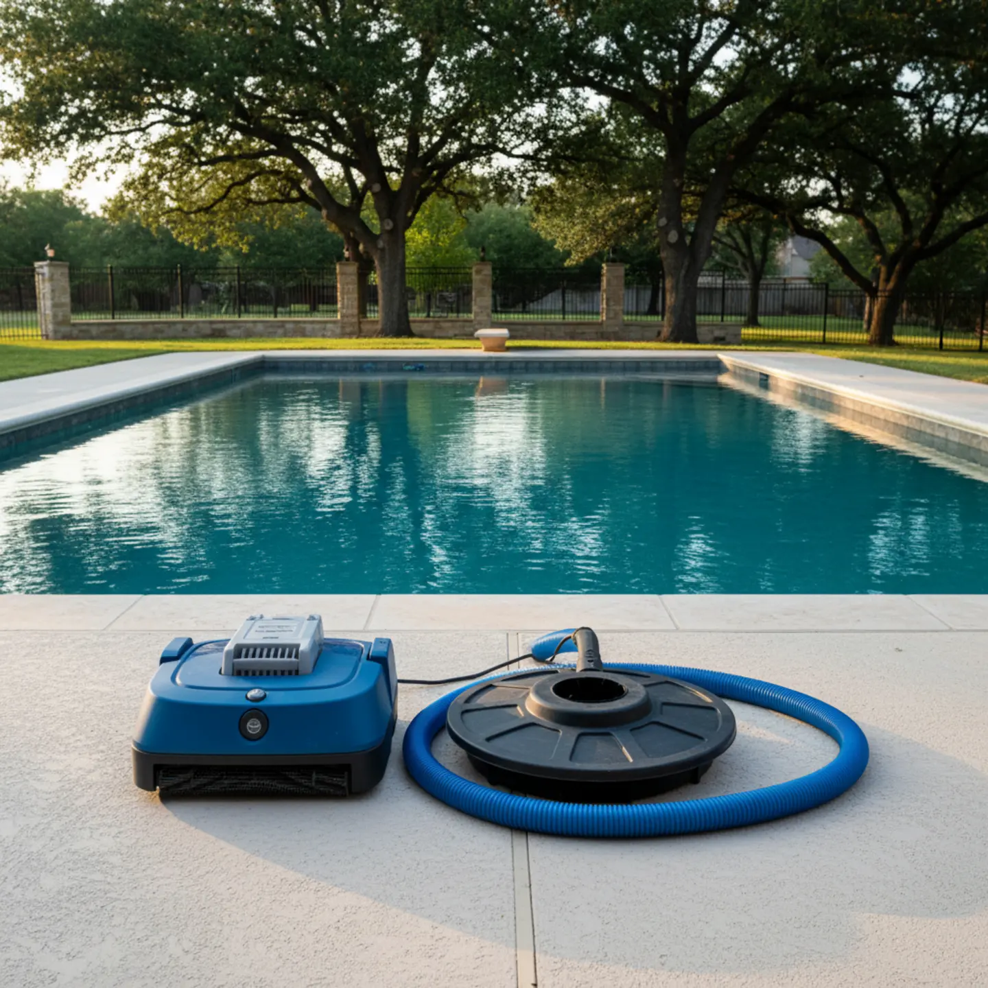 Robotic and suction pool cleaners displayed side-by-side on a DFW gunite pool deck