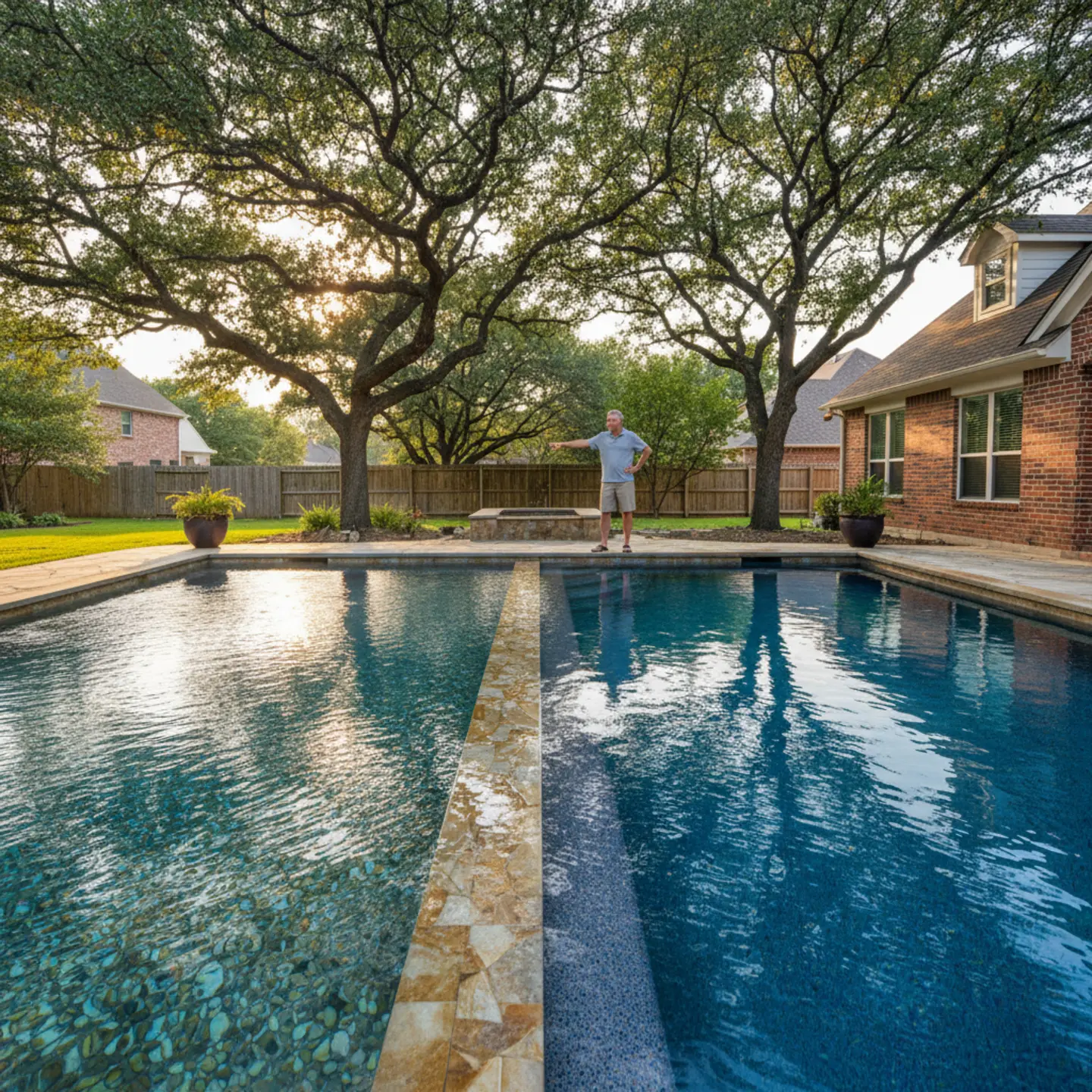 Two pool finishes compared side-by-side: StoneScape natural pebble and Crystal Stone quartz in a DFW backyard
