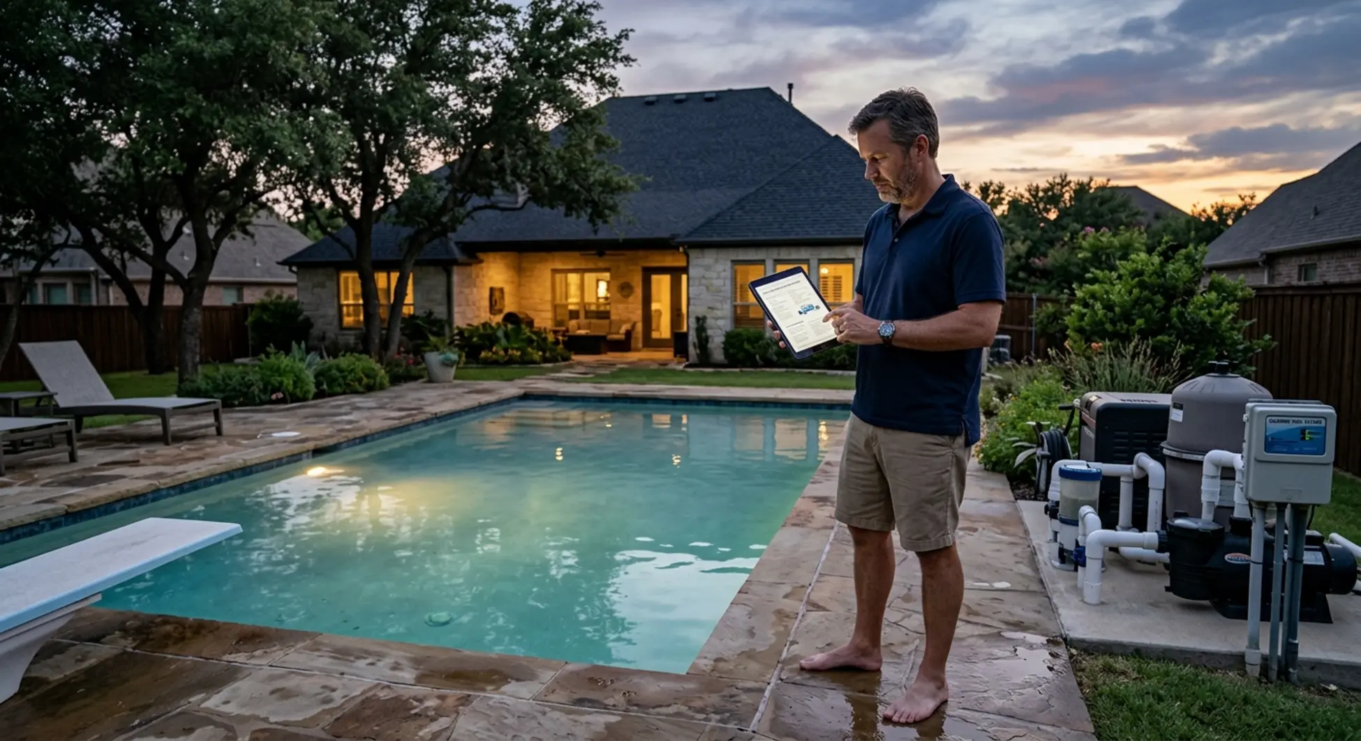 Homeowner reviewing saltwater pool conversion options beside their chlorine pool in DFW backyard