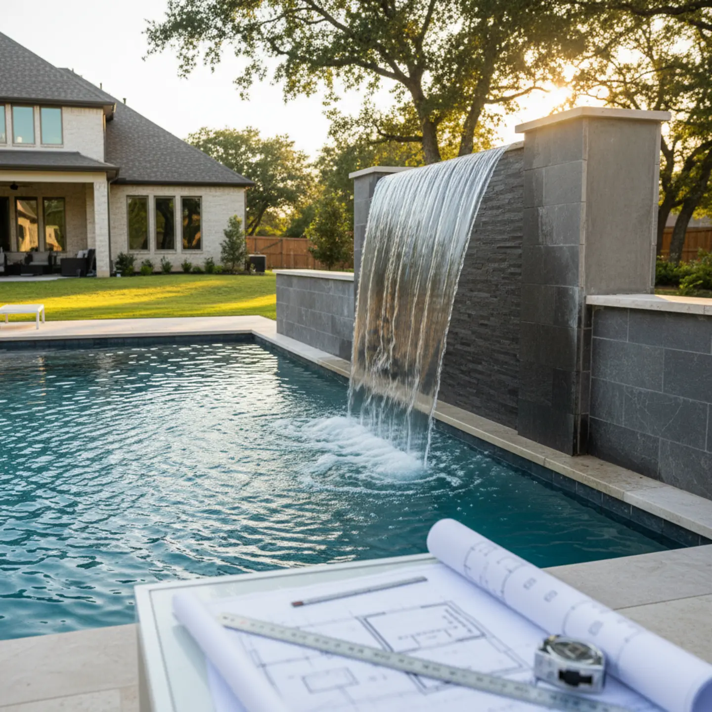 Sheer descent pool waterfall flowing into DFW backyard pool with design materials visible
