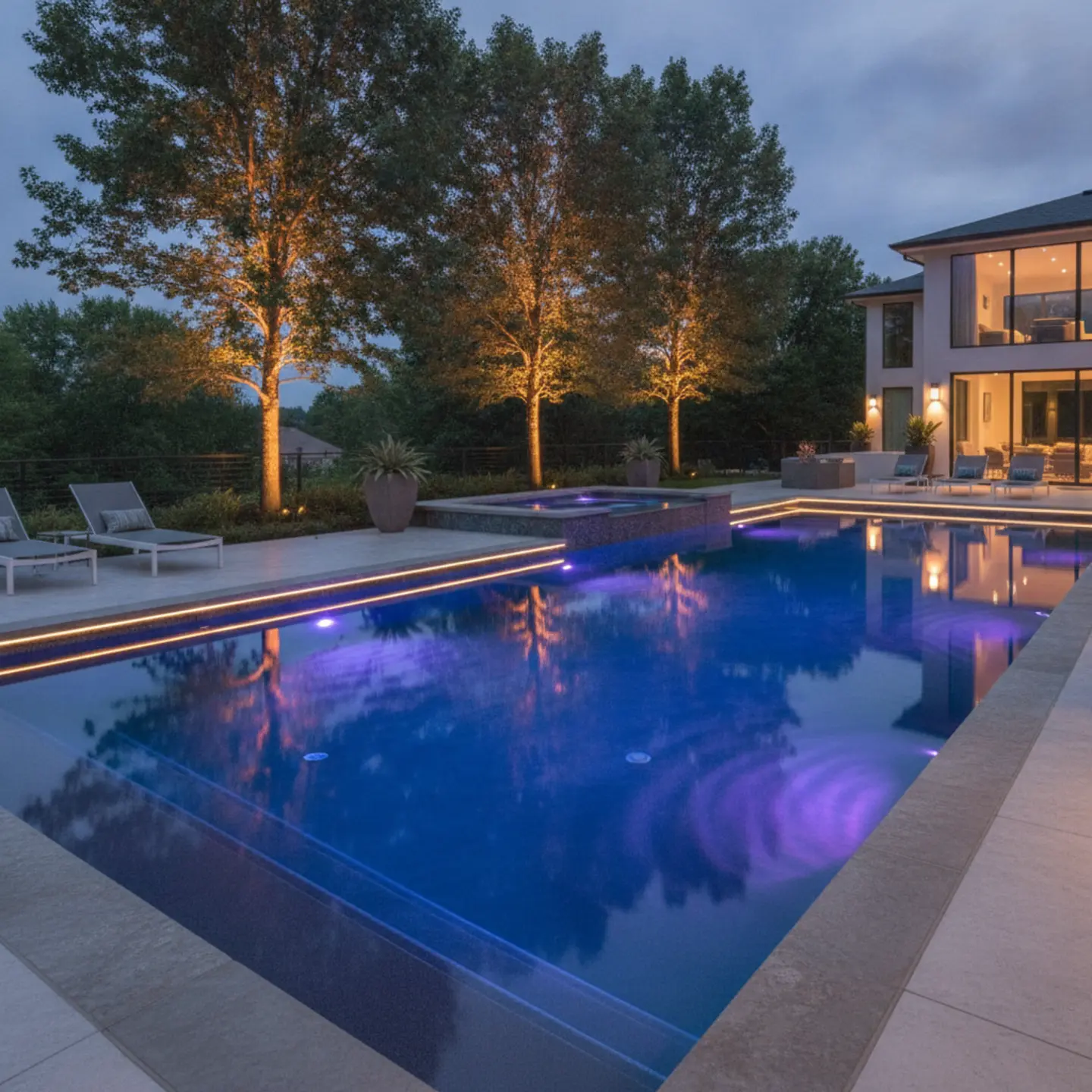 LED pool lighting guide showing luxury backyard pool with blue, purple, and white underwater and accent lights at dusk